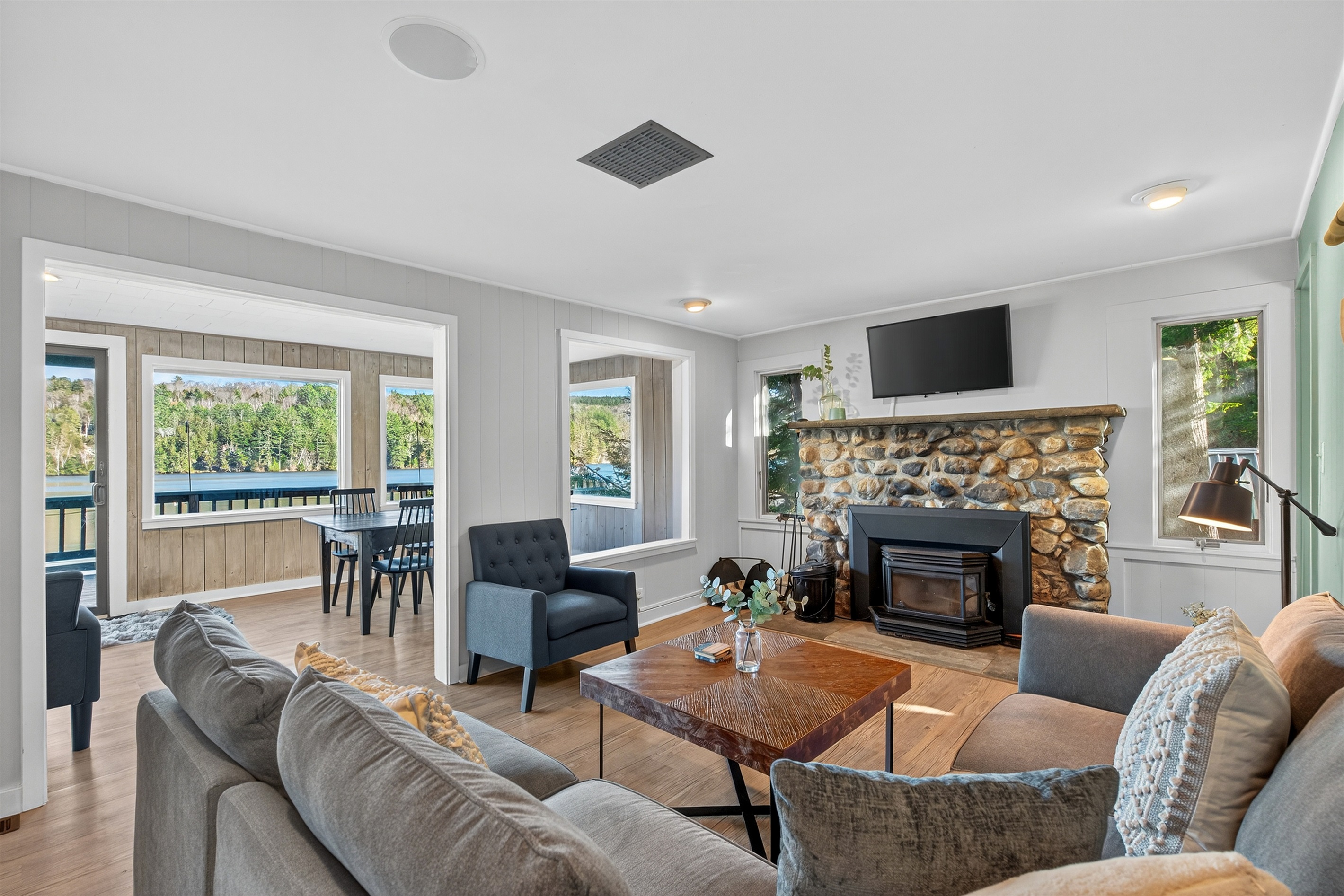 Cozy up next to the fireplace after a long day on the lake or a nice dip in the hot tub!