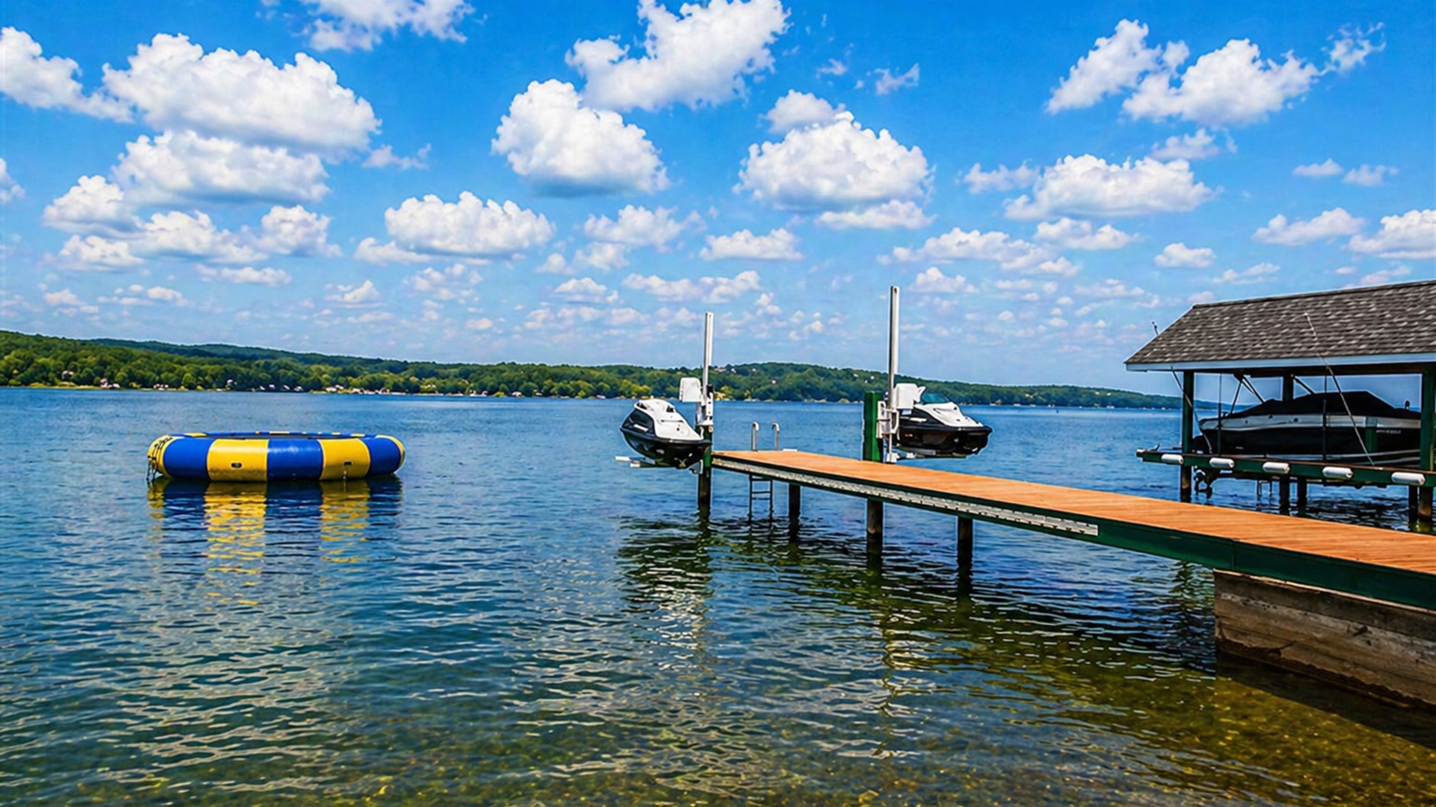 Expansive dock offering direct lake access for fishing, kayaking, and unforgettable sunsets.