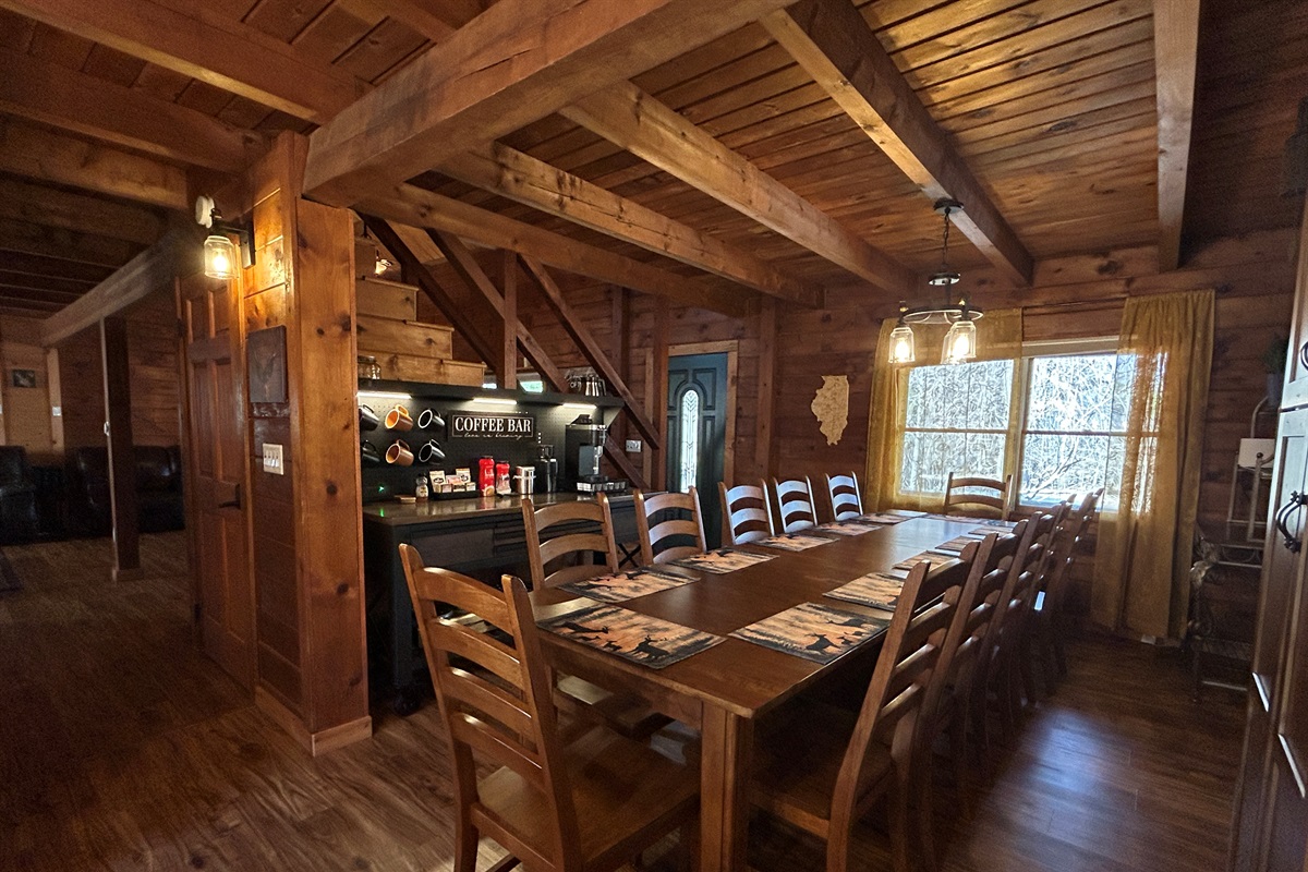 The dining room table can seat up to 12 people. We will adjust the table size to accommodate your group and ask that guests not adjust the table size.