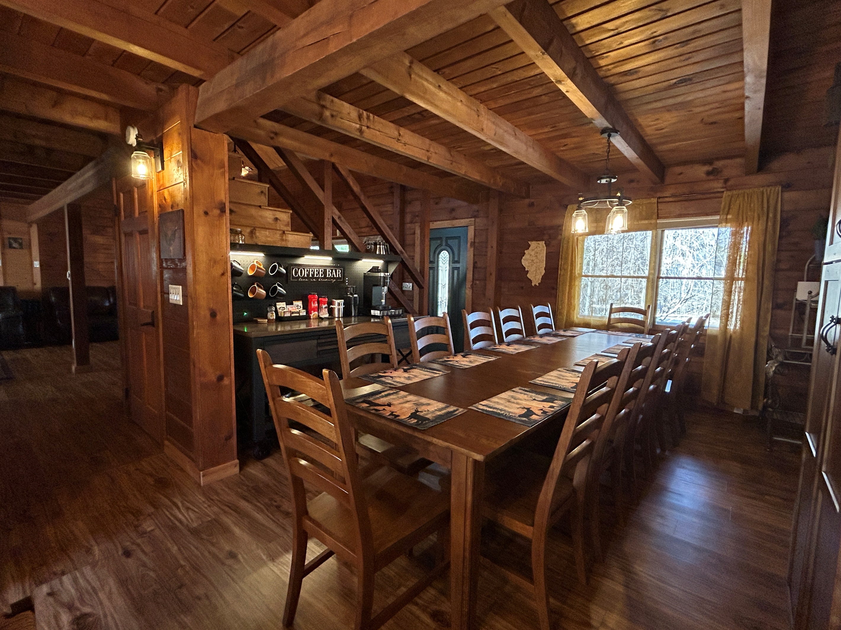 The dining room table can seat up to 12 people. We will adjust the table size to accommodate your group and ask that guests not adjust the table size.