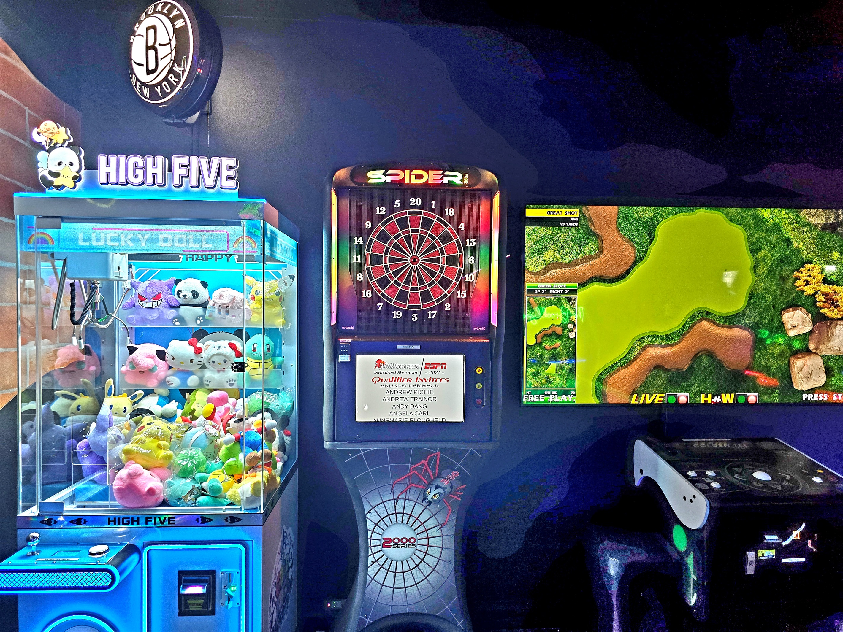 All arcade games are free play except for the claw arcade ($1/game) where you have the chance to win prizes. Darts by Spider is loaded with 45+ dart games!