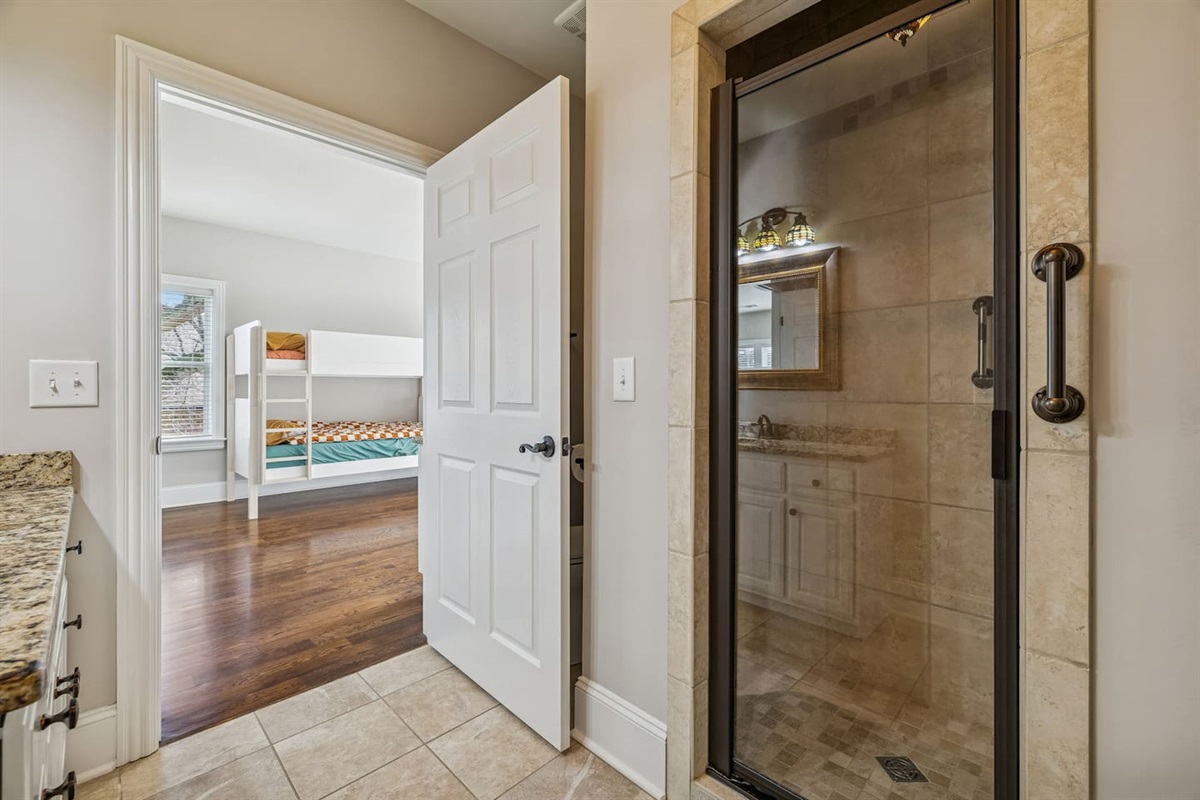 Upstairs bathroom with view of Bunk Room
