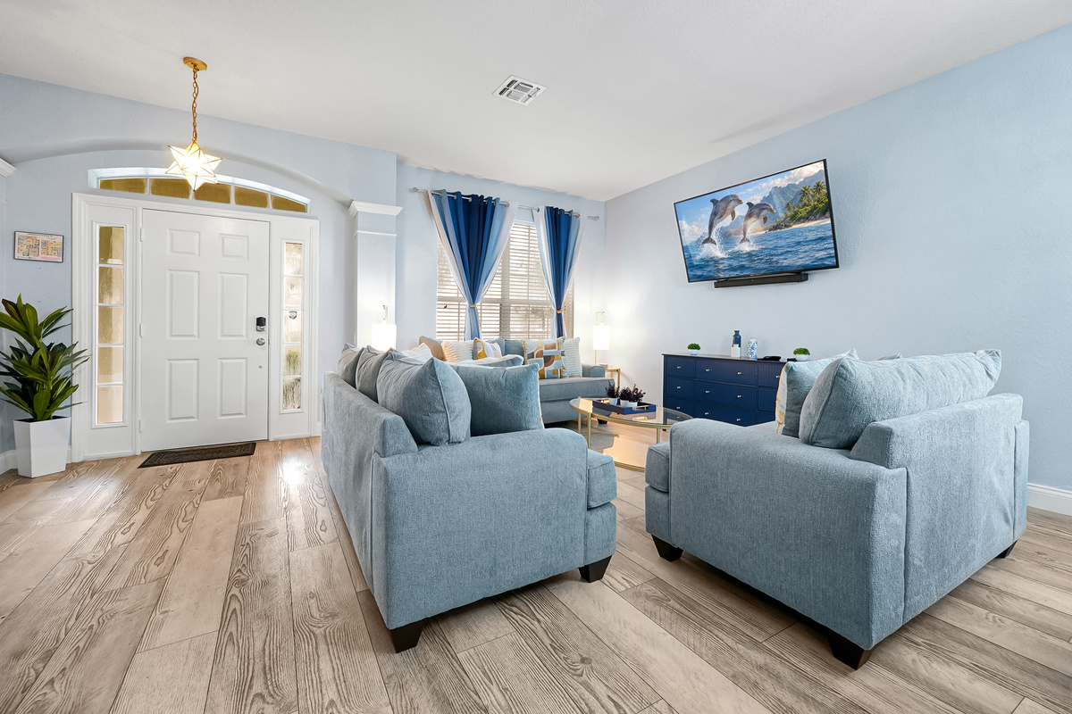 Living room with front entry view