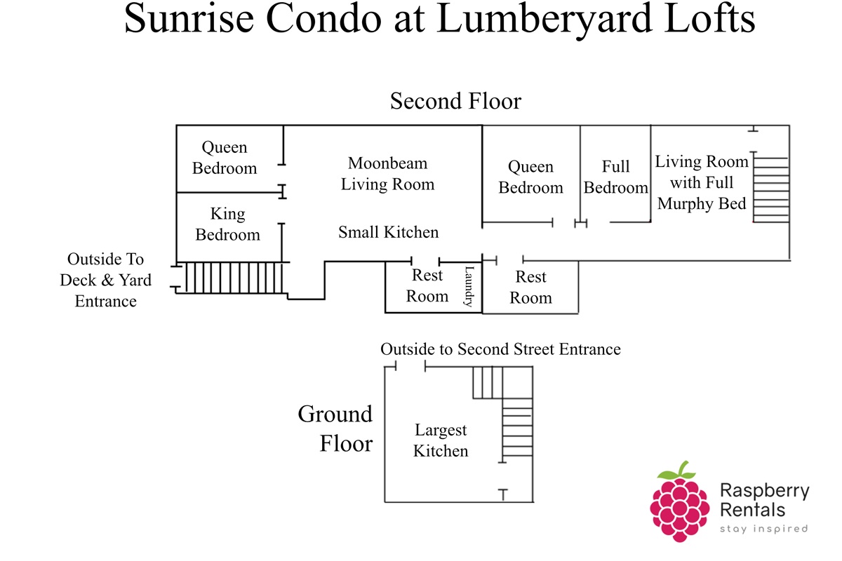 Floorplan to Sunrise Condo, with entry into a large kitchen, then upstairs to a living room with full Murphy bed, then full and queen bedrooms, two rest rooms and laundry, a smaller kitchen and larger living room, then queen and king bedrooms.
