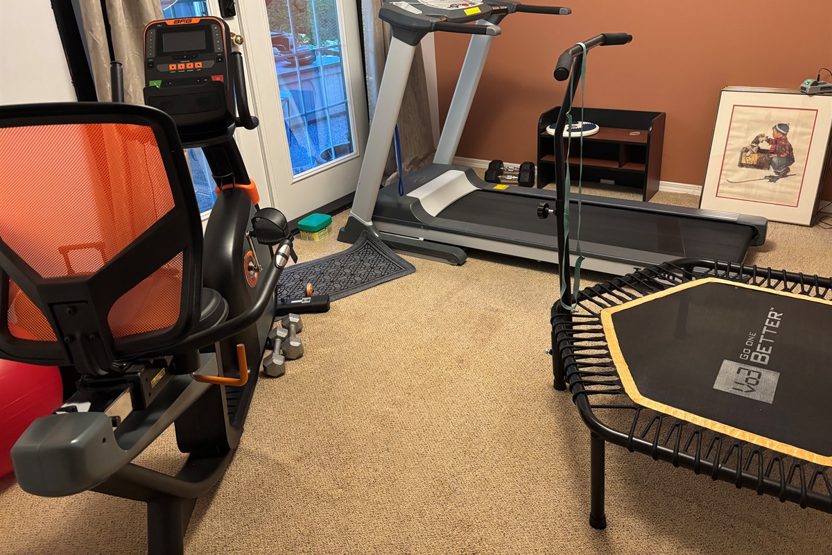 Gym with rebounder, treadmill, exercise bike, some weights