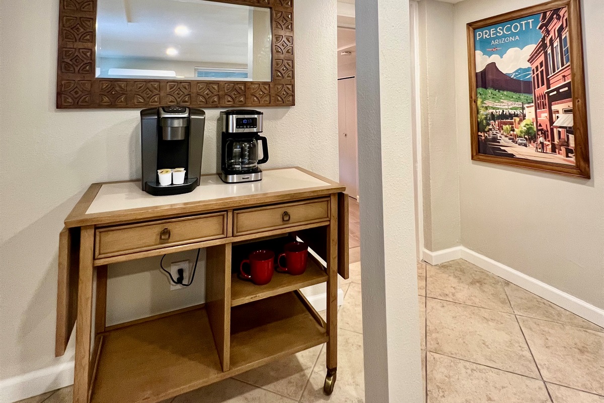 Start your day your way with a fully stocked coffee bar, offering both Keurig and drip coffee options.