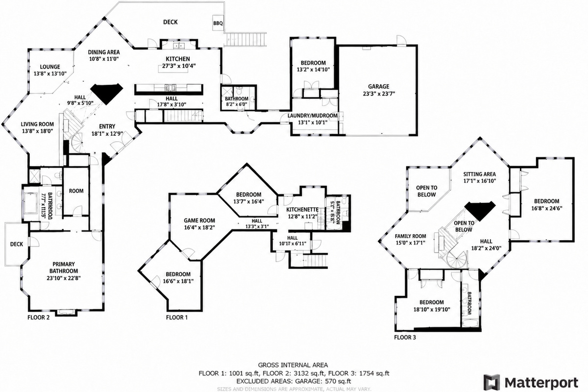 Detailed floor plans show how the bedrooms, bathrooms, and living areas are arranged across the lodge’s three levels. Helpful for planning who sleeps where before you arrive.