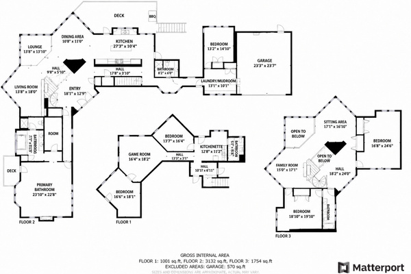 Detailed floor plans show how the bedrooms, bathrooms, and living areas are arranged across the lodge’s three levels. Helpful for planning who sleeps where before you arrive.