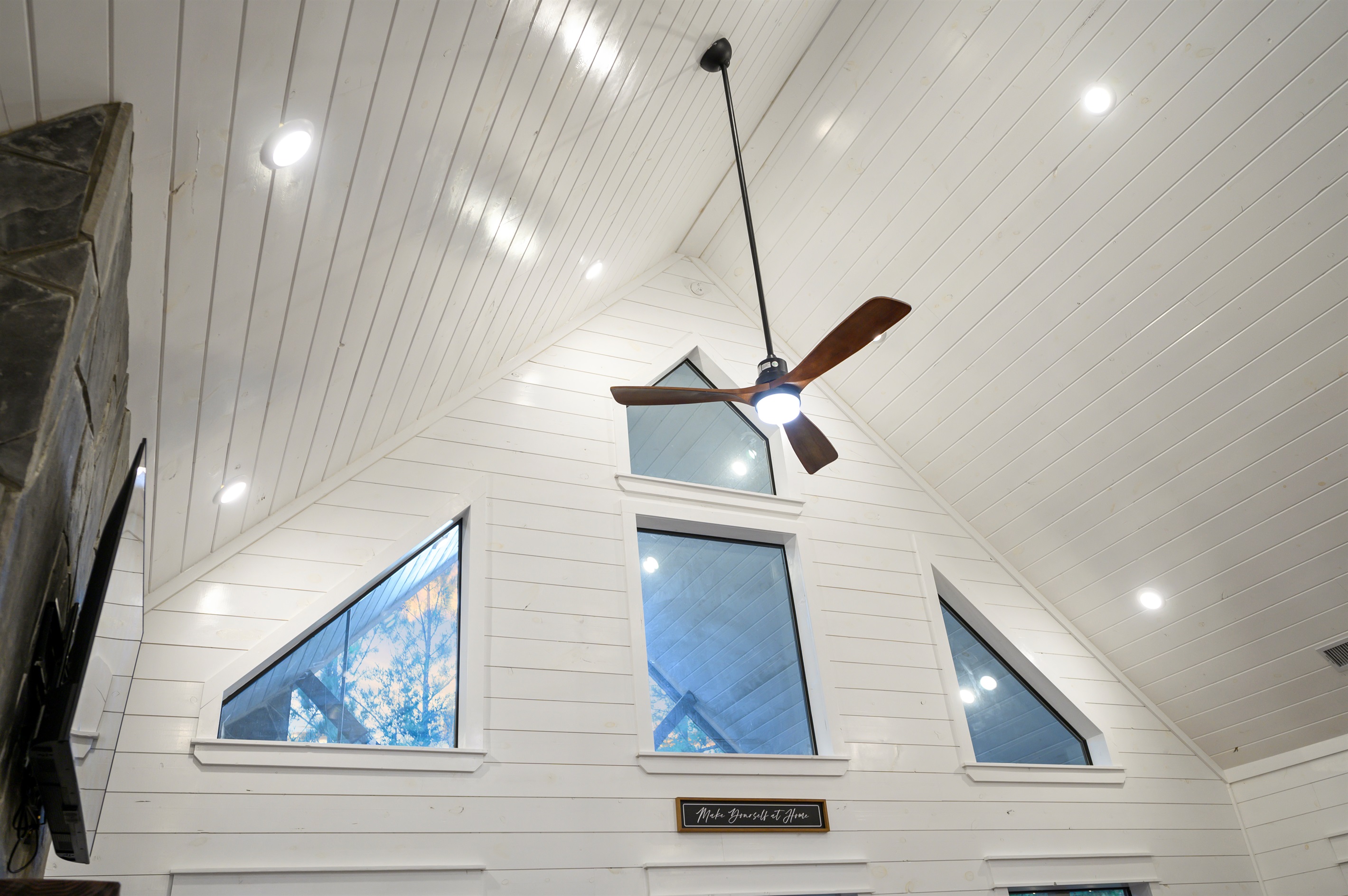 High ceilings give your cabin an open airy feeling; definitely a WOW!! factor when you first arrive.  This view faces your private deck.
