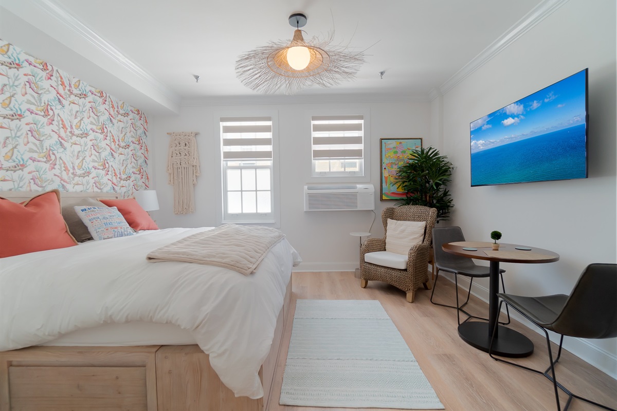 Sunshine peeks through the Zebra blinds on a sunny day. Enjoy your stay. 