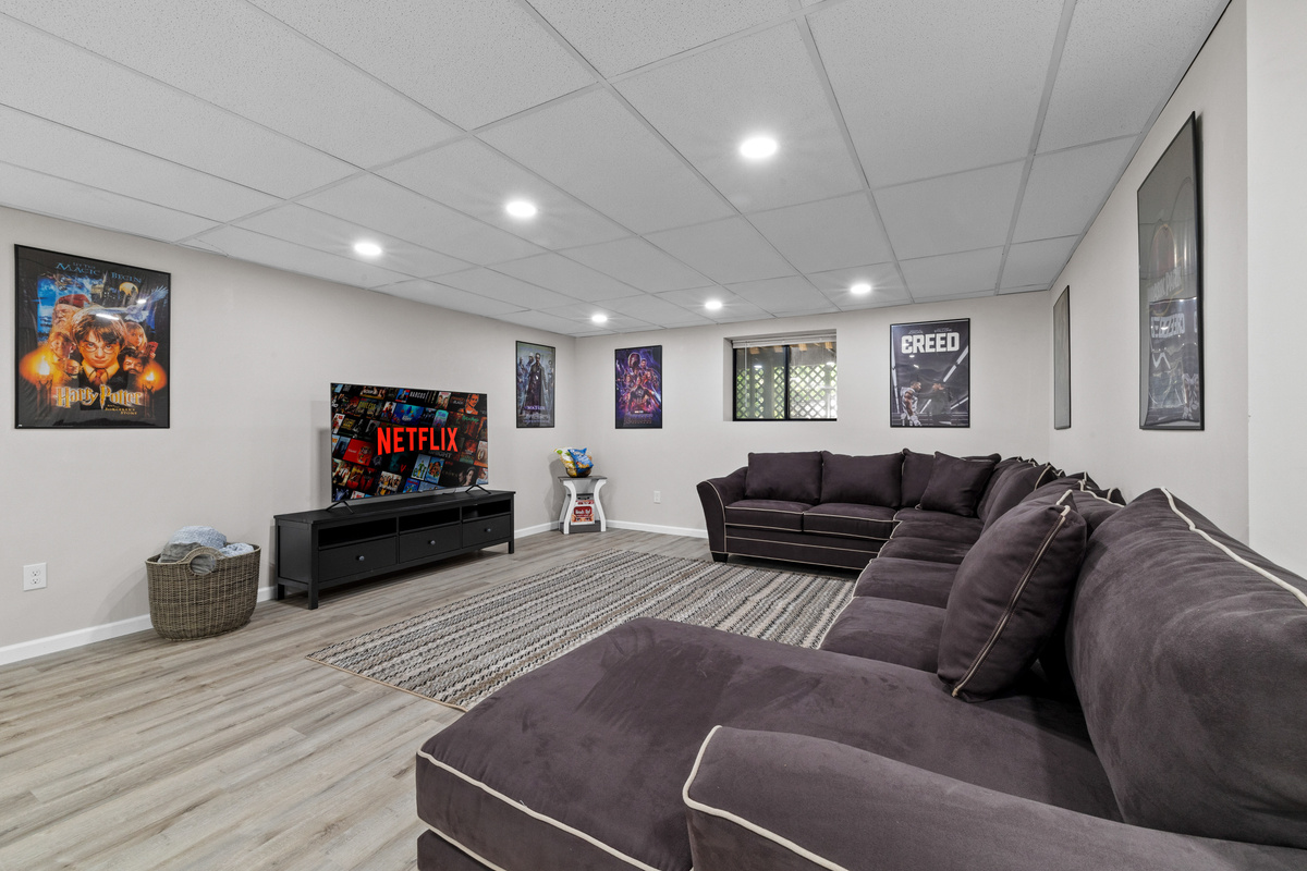 A movie-style smart TV and shelving to organize your other games