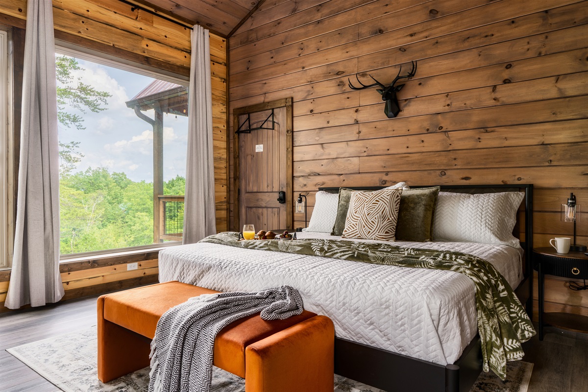 Bedroom 3: king bed on second floor with the electric fireplace, 58 inch Roku HDTV with en suite full bathroom