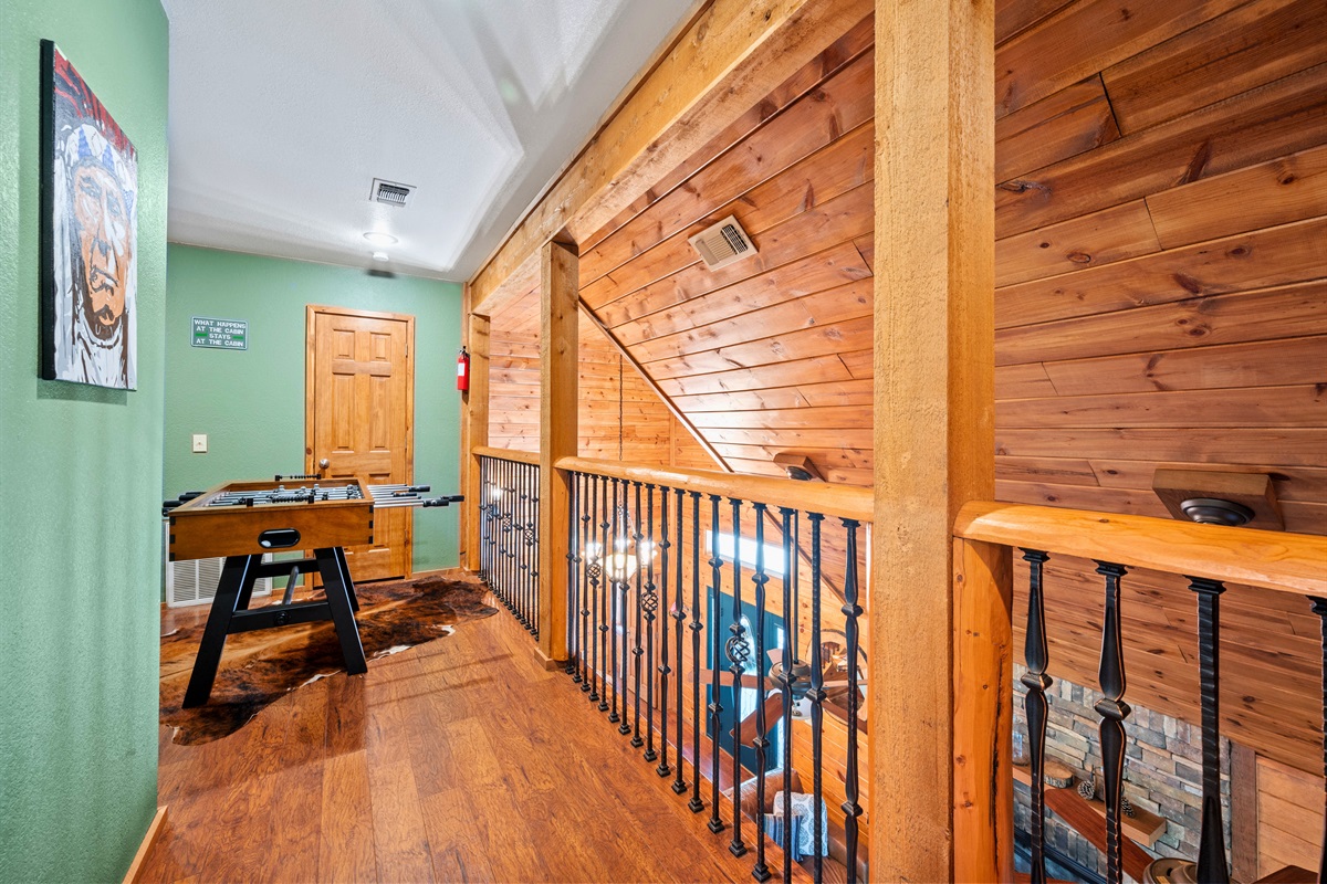 Wood and iron details add character to the upstairs common space.