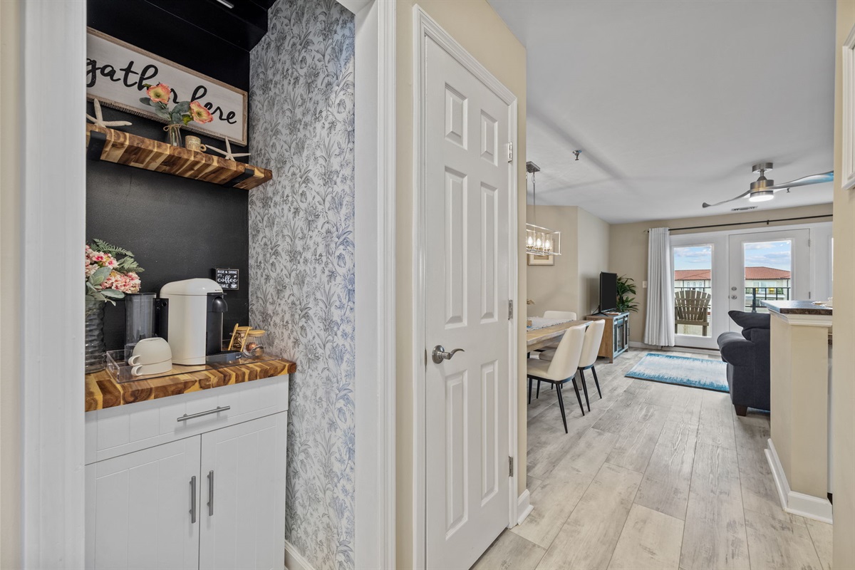 Enjoy a complimentary coffee station with everything you need for your morning brew in a beautifully designed nook