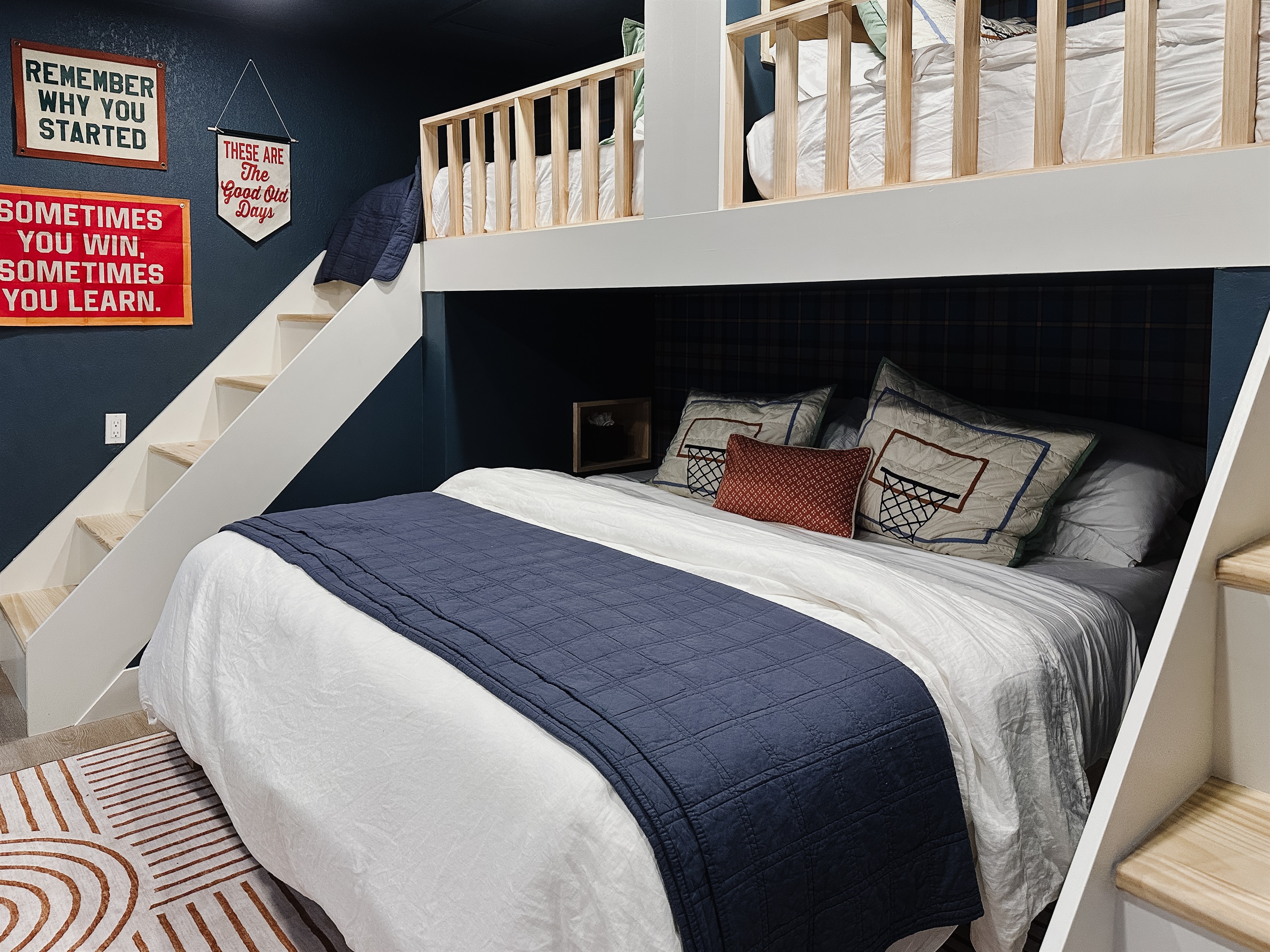 Two stairs to each twin, solid custom built in.