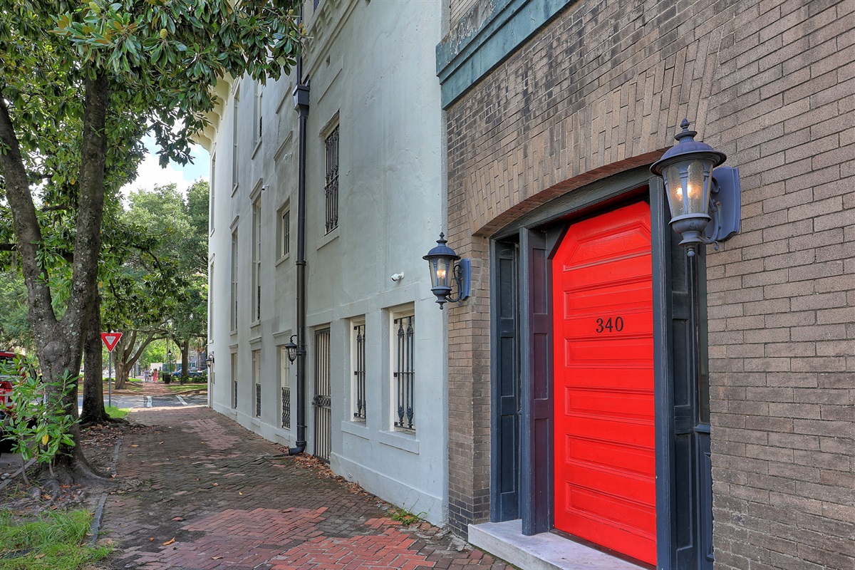 A bright red welcome—classic Southern style starts at the front door.