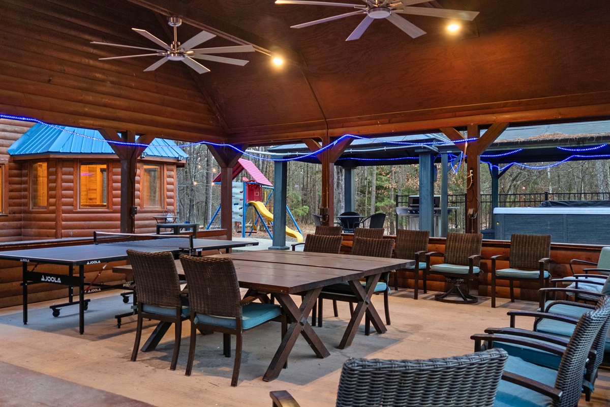 From this angle, the pavilion shows generous seating and open space that works well for groups of all sizes.