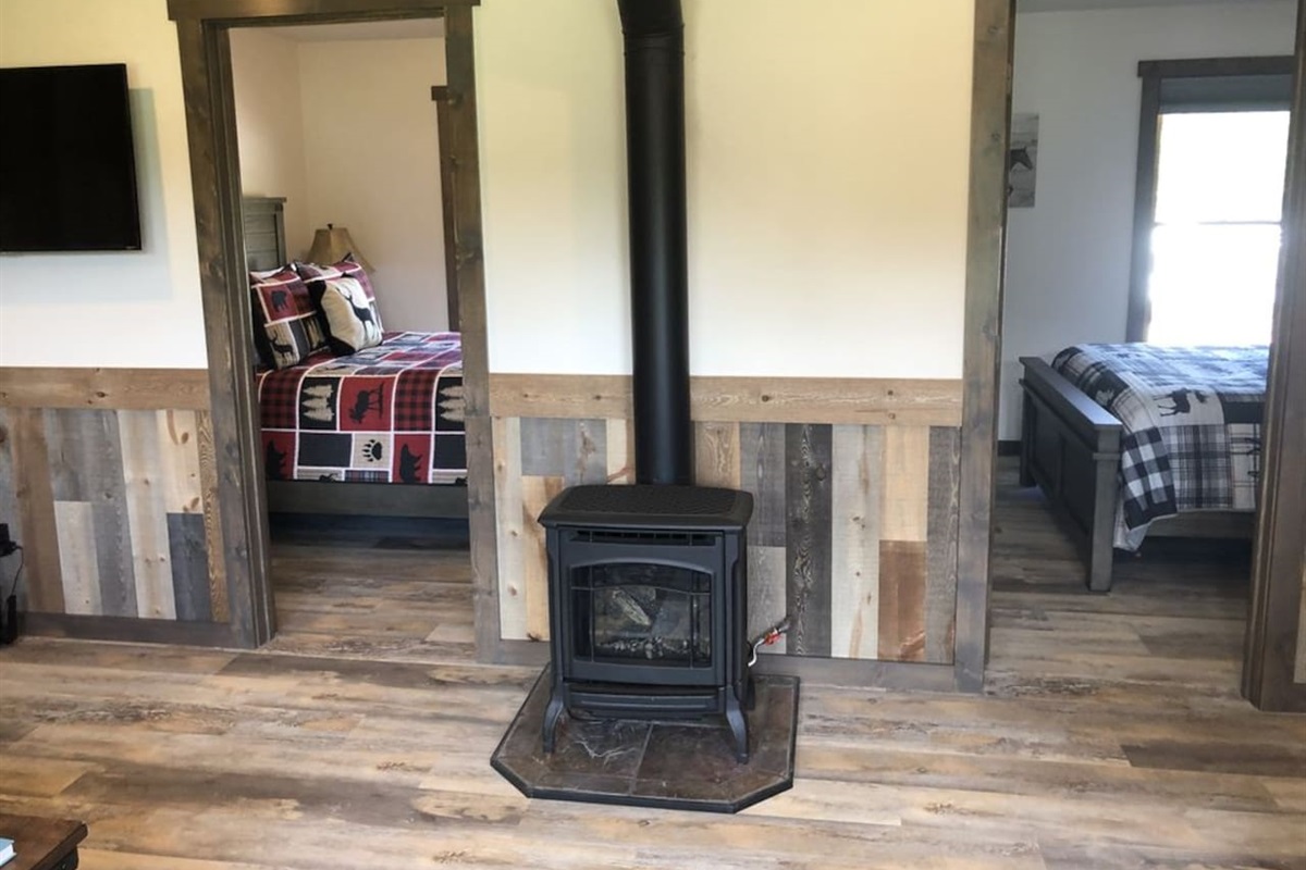 Gas fireplace and television with Netflix.