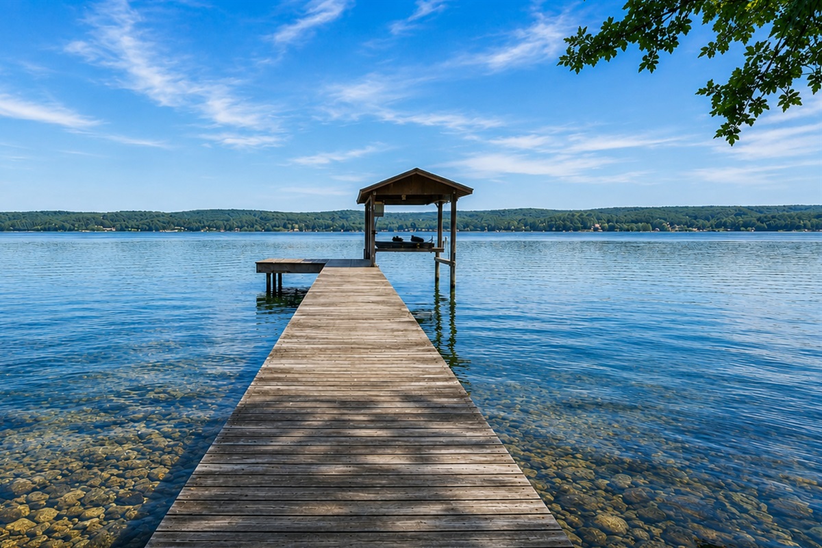 Lakefront / Boathouse / Dock (requires three flights of stairs to access) -  Stroll down our peaceful wooden pier extending into the crystal-clear waters of the lake, complete with a charming gazebo—ideal for serene lakeside moments.