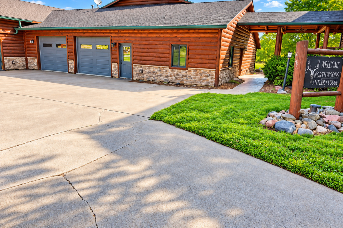 Welcome to Northwoods Antler Lodge, where rustic Northwoods character begins with our handcrafted wooden sign, antler décor, and peaceful landscaped setting in Birchwood, Wisconsin.
