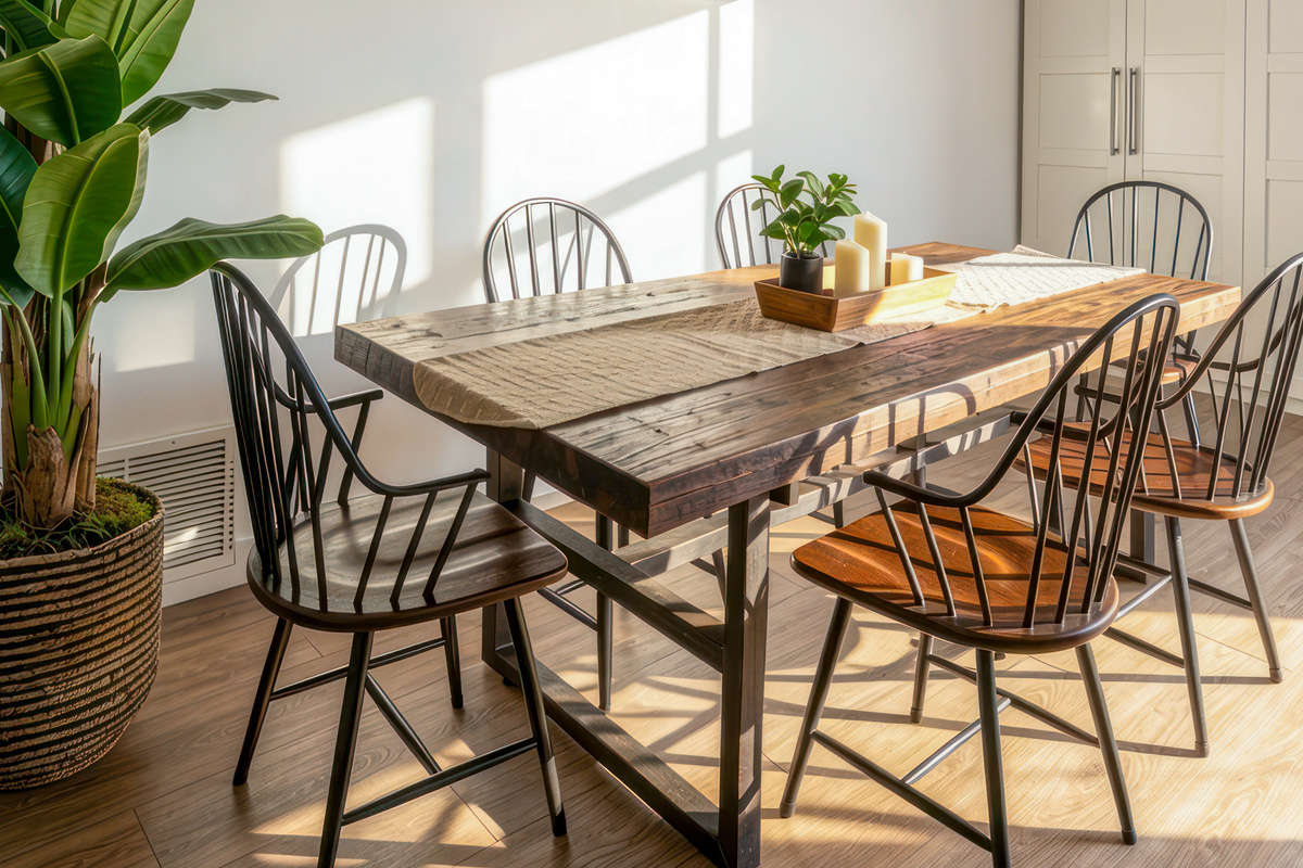 Dining table for six with additional seating at the bar and breakfast nook
