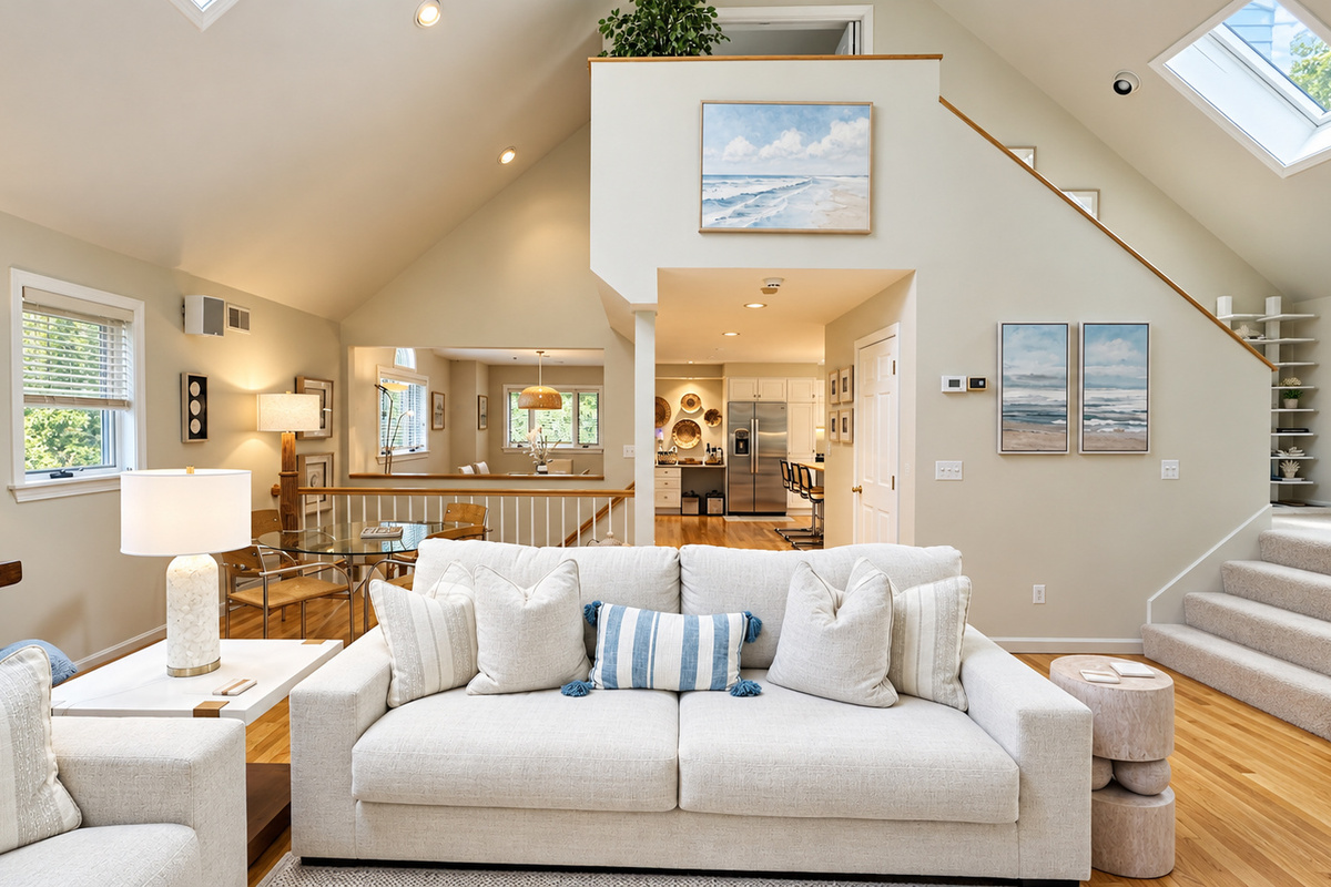 Living area with stairs to upper level