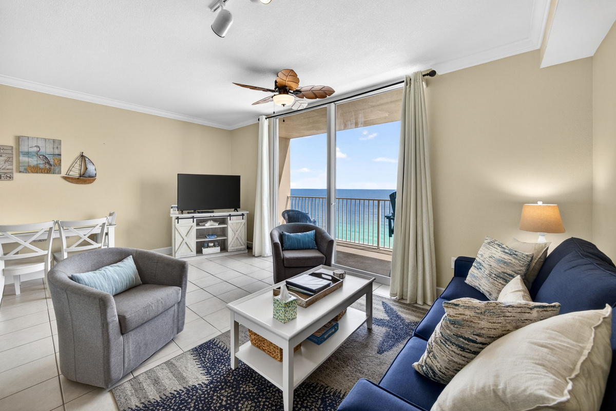 Living Room | Queen Sleeper Sofa | Ceiling Fan | Central Air Conditioning
