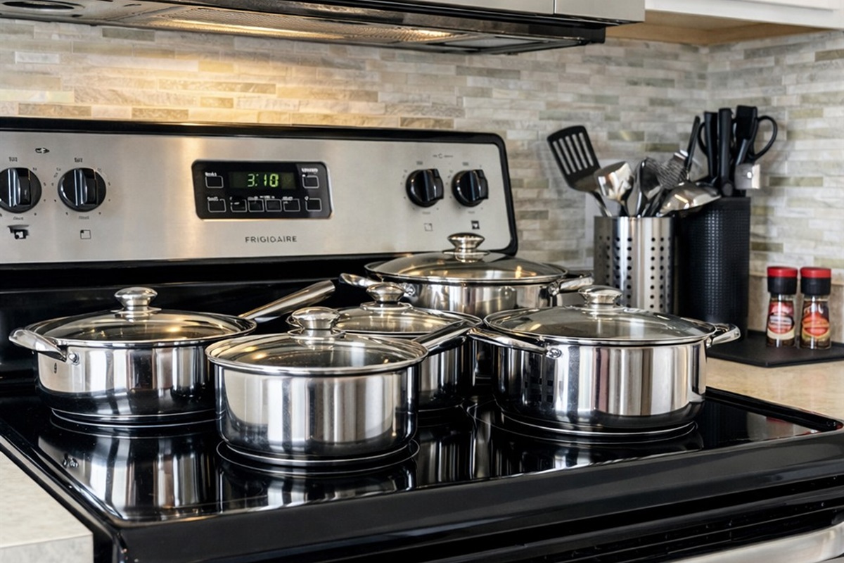 Modern kitchen stove with stainless steel cookware ready for use