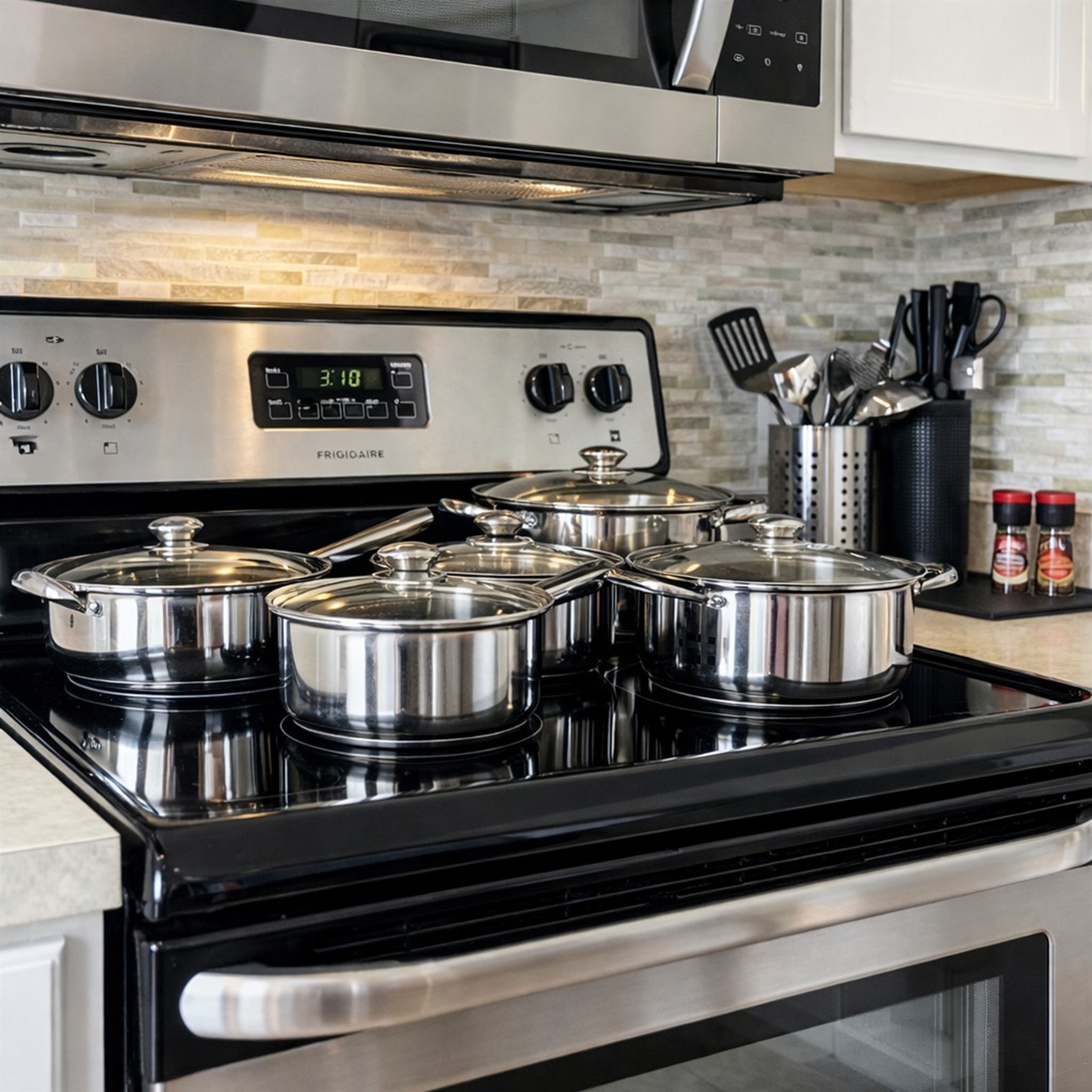 Modern kitchen stove with stainless steel cookware ready for use