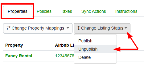 If available, unpublish a channel integration by navigating to the specific channel integration (Settings > Channel Management > Channel Integrations > the specific channel integration you want to unpublish > Properties tab > Change Listing Status dropdown list) and clicking Unpublish.