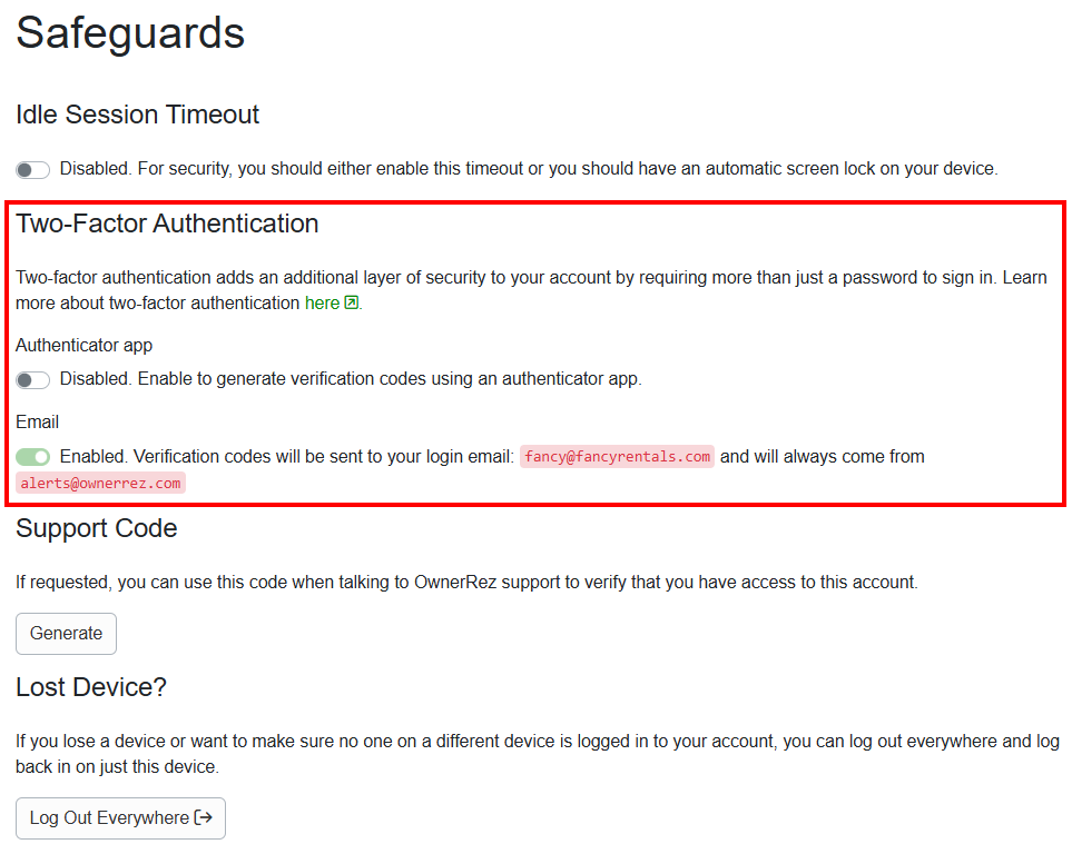 Two-factor authentication enhances your OwnerRez account security by requiring more than just a password to log in. You can use an authenticator app or email, which is enabled by default.