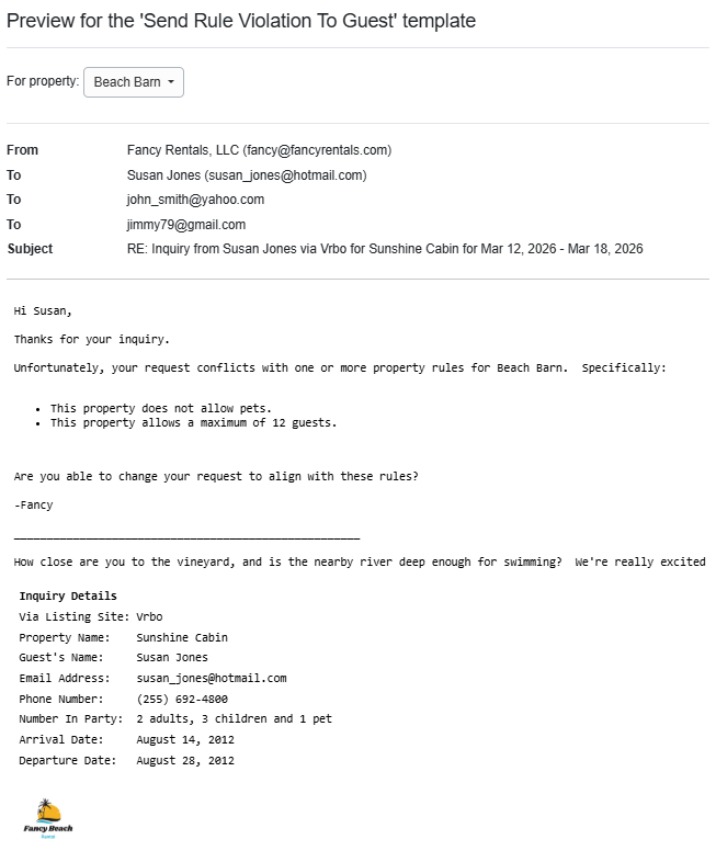 Send Rule Violation To Guest Email Preview