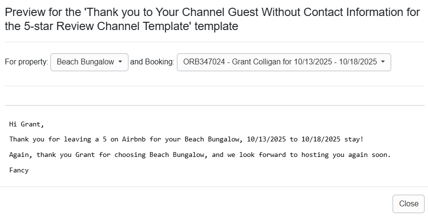 Thank you to Your Channel Guest Without Contact Information for the 5-star Review Channel Template Preview