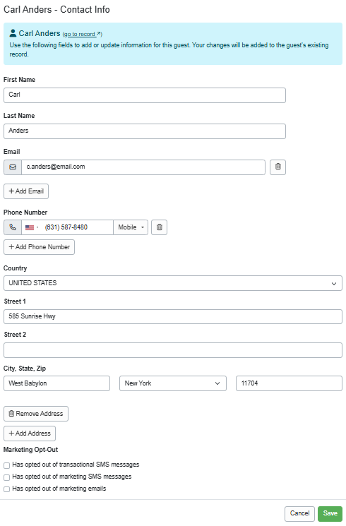 Edit the guest's contact information, then click Save.