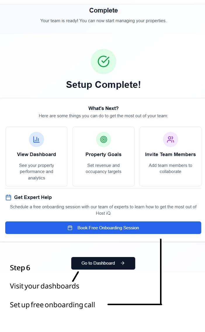 Setup is complete. Book your free Host IQ onboarding session.