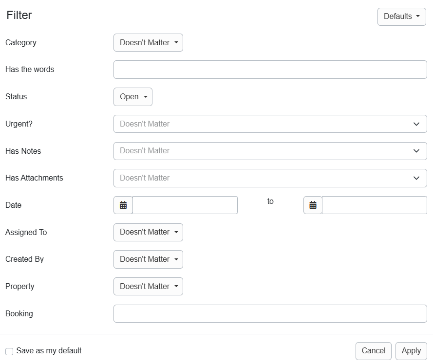 The Filter options (Category, Has the words, Status, Urgent?, Has Notes, Has Attachments, Date range, Assignment, Creator, Property, and Booking number) allow you to filter or search for specific tasks.