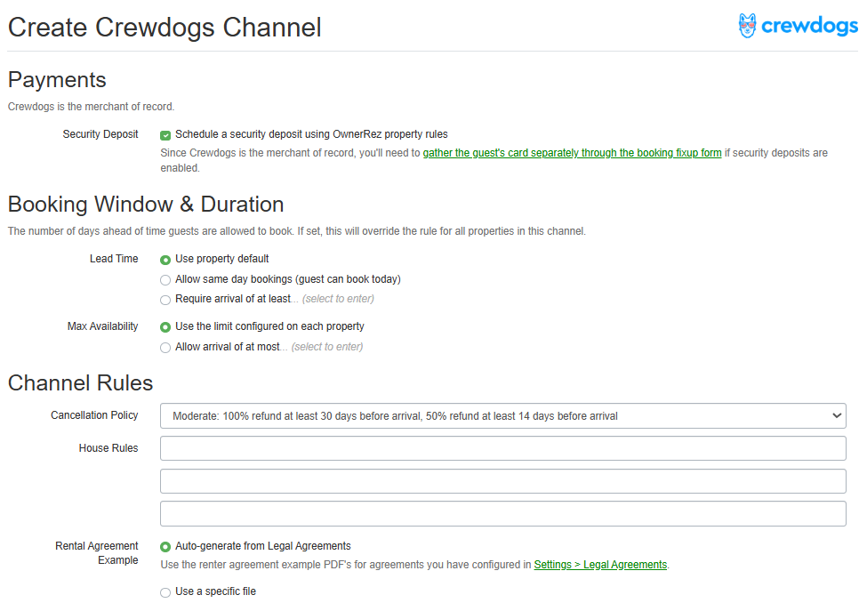 Configure your Crewdogs Payments, Booking Window & Duration and Channel Rules.
