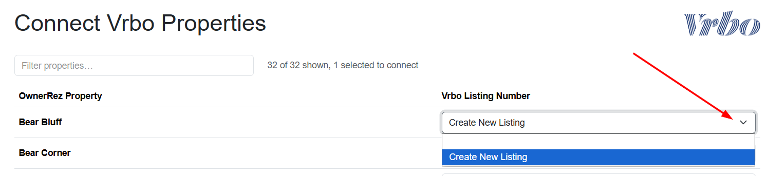 On the Connect Vrbo Properties page, select Create New Listing from the dropdown list next to the disconnected property you want to reconnect to Vrbo. Click Save.