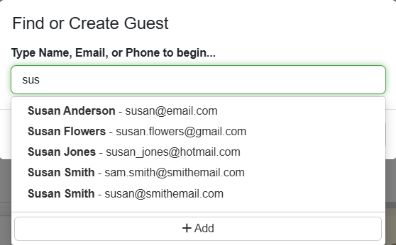 Enter the name, email or phone number of the new guest. As you type, the system will attempt to find existing matches and will show them to you (just in case they've contacted you before).