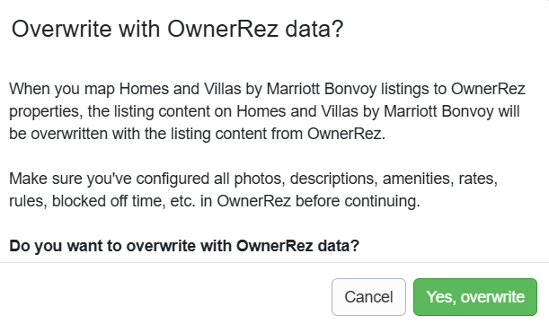 On the Overwrite with OwnerRez data? pop-up, review, and click Yes, overwrite.
