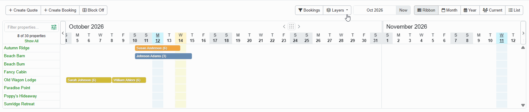 Click Layers at the top of the Ribbon view, next to the Bookings filter button. On a narrow screen, the button shows only its icon. Inside are two switches:  Nightly rates puts each open night's rate in its box, along with the dot and stripe markers described below. It's on for everyone; uncheck it to hide the rates. Heat tint shades each open night green, darker for higher rates. It's off unless you turn it on.