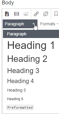 Header Tags can be applied to text by first highlighting your text and then clicking on the Header dropdown menu.