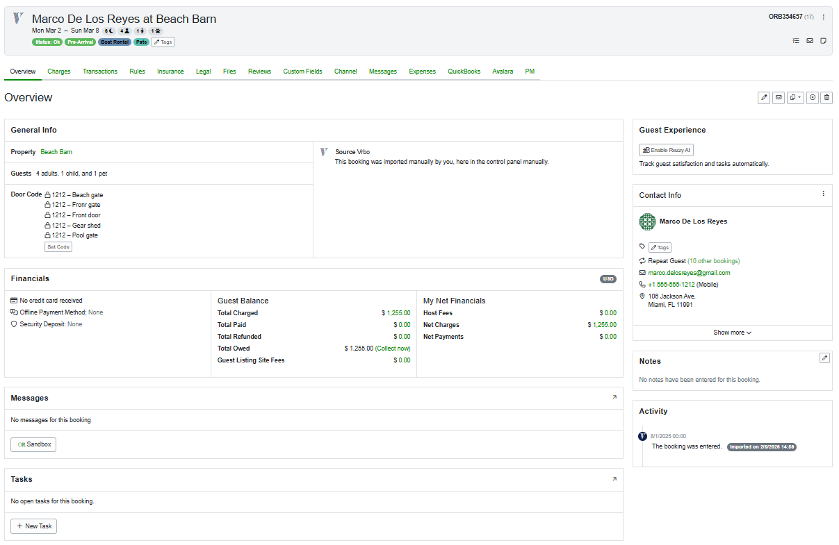 The booking overview page features a modern, organized layout, with the header showing booking details accompanied by badges for nights, guests, and pets. Sections for Tasks and Messages provide better visibility into your booking workflow, and navigation is streamlined with a horizontally scrollable tabbed interface.