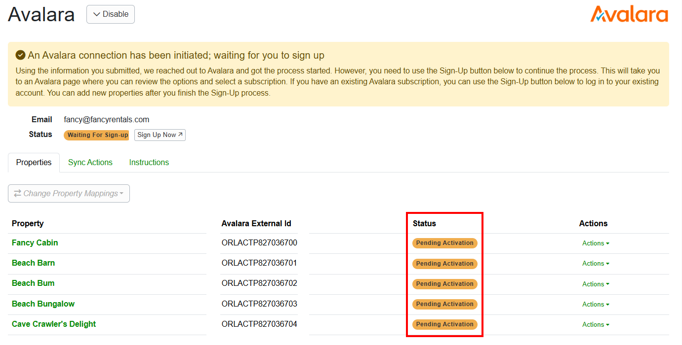 When you return to your OwnerRez Account, you will see Pending Activation for your property. It will change to Active after you complete onboarding with the Avalara team.