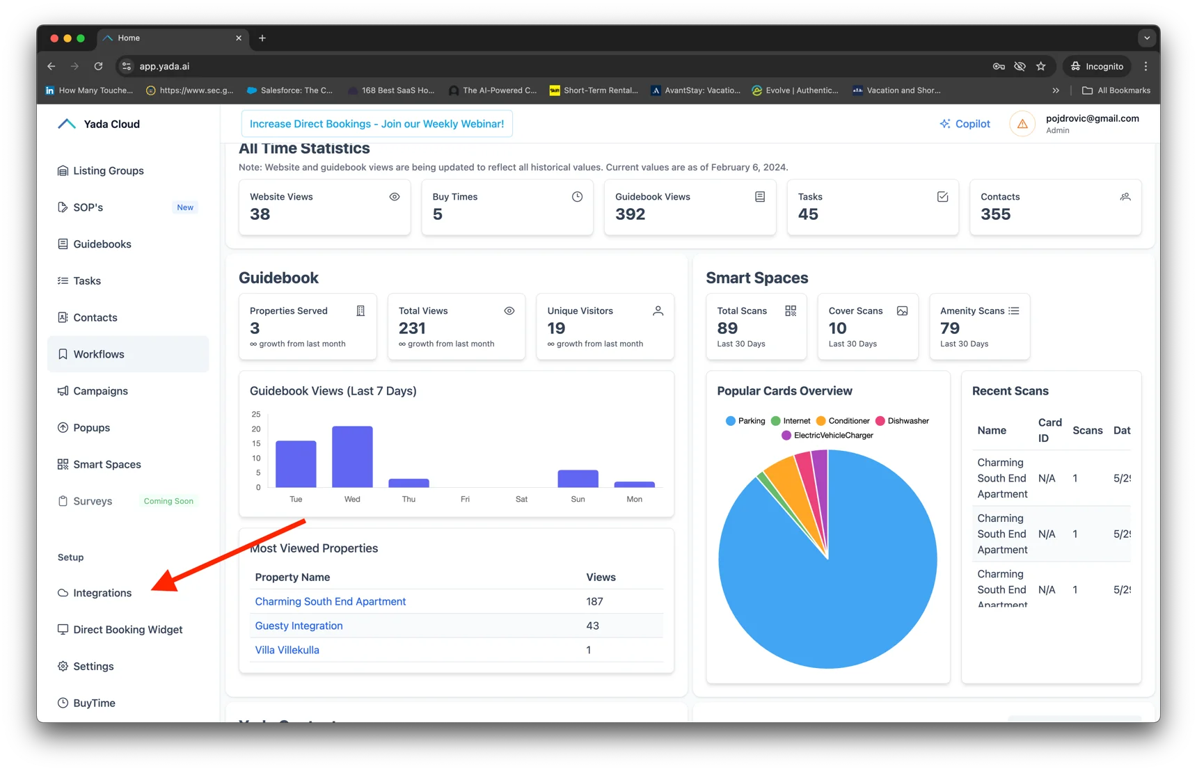 On the left navigation bar, click the ‘integrations’ menu item. If you do not immediately see it, please scroll down the left sidebar until you see it. Note: You must be logged in as an admin account to integrate Yada with OwnerRez. The admin account is the one that created the Yada account.