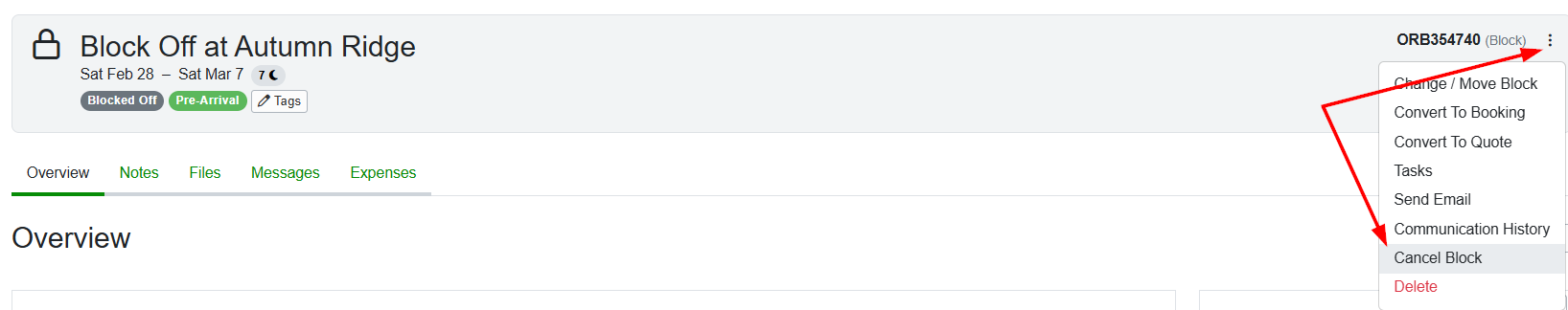 A block can be canceled by navigating to the upper-right kebab menu and selecting Cancel Block from the dropdown list.