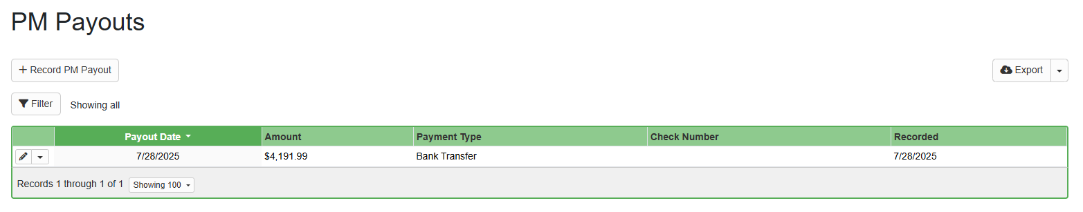 Click Save, and then your PM Payout will be listed on the PM Payouts grid.
