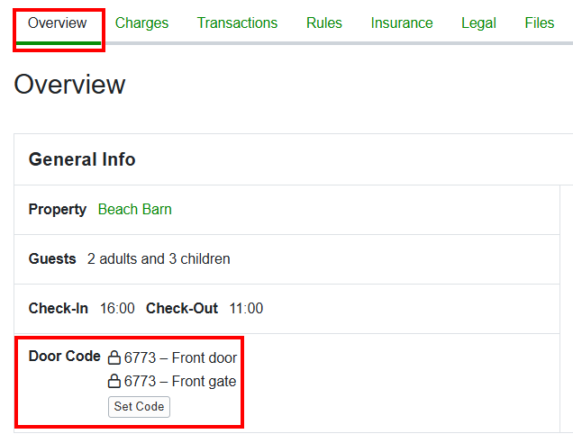 You can view the door codes assigned to each booking under Booking Overview > General Info > Door Code.&nbsp;