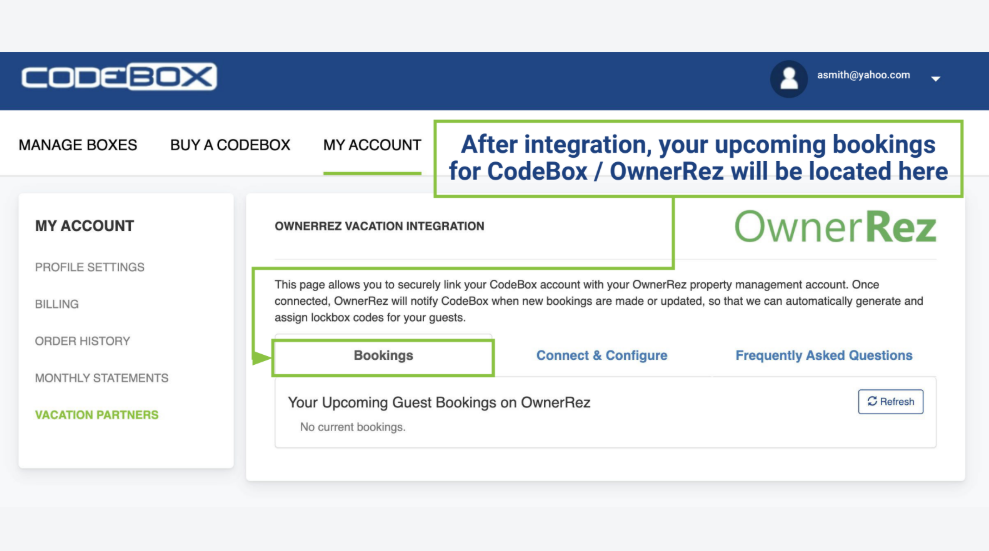 After integration, your upcoming bookings for CodeBox/OwnerRez will be located in My Account > Bookings.