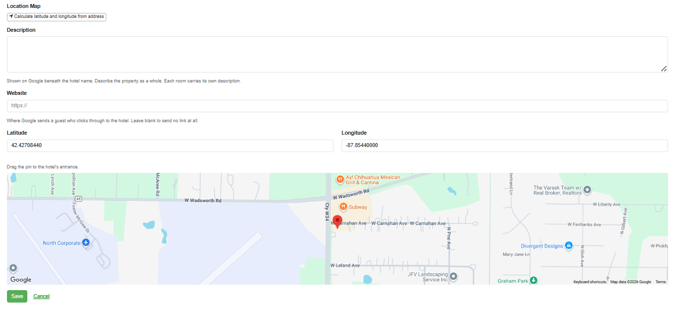 Add your hotel location and website URL, then&nbsp;Save.